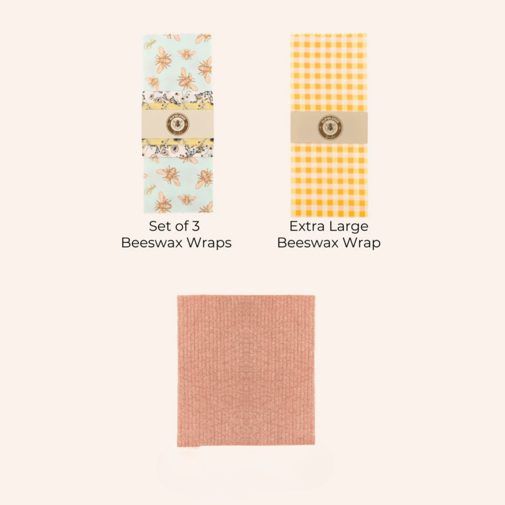 Bees & Blooms Bundle: Extra Large, Set of 3 Beeswax Food Wraps + Dishcloth